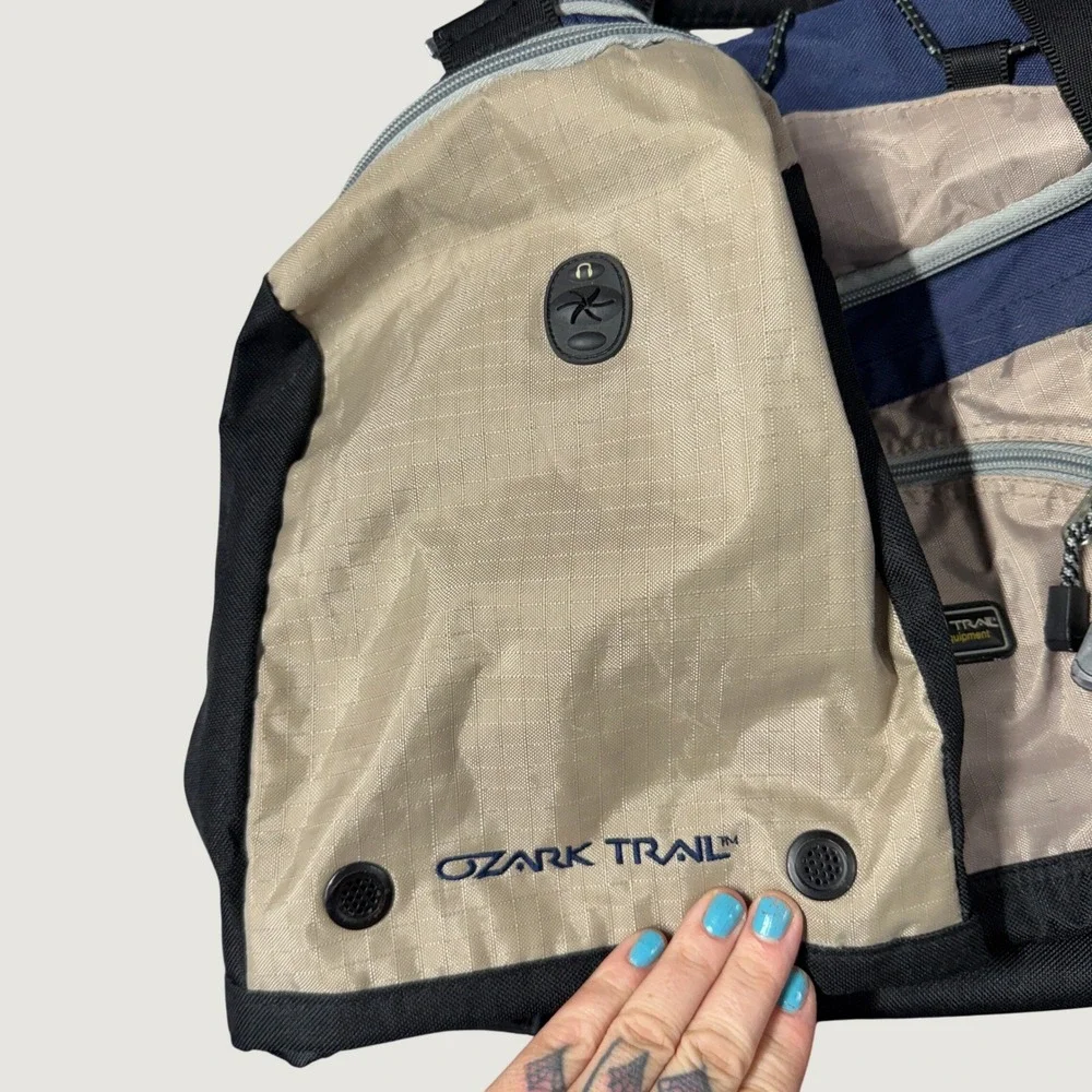 Ozark Trail Vintage Duffel Bag Blue Tan Travel Nylon Outdoor Multi-Pocket Bag
